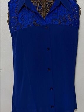 Sleeveless Lace-Yoke Button-Front Top in Cobalt Blue
